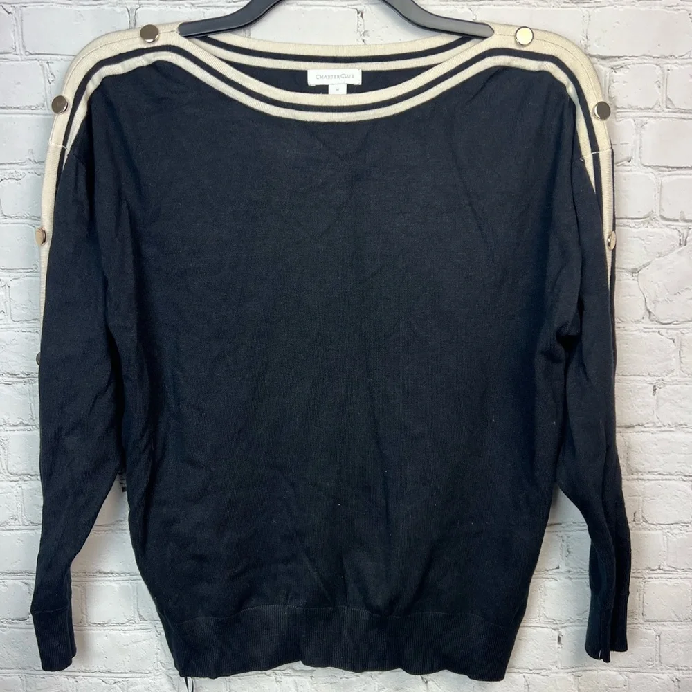 Charter Club Black Boatneck Button Detail Sweater Size Medium - Picture 2 of 5